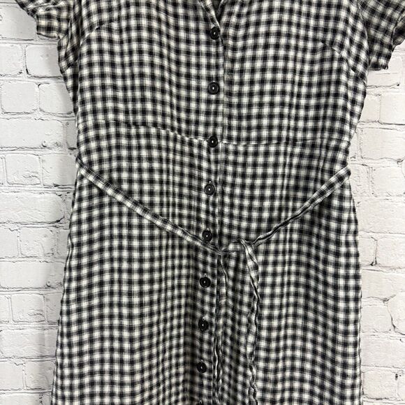 QUINCE 100% European Linen Button Front Dress Khaki Black Gingham L - Picture 6 of 13